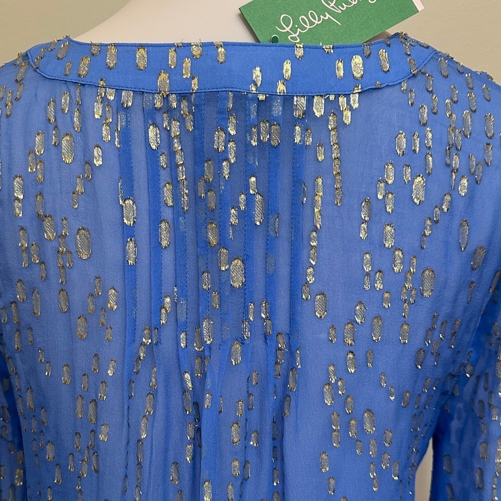 Lilly Pulitzer Blue Gold Metallic Silk Blouse Top- Size M- NWT - Picture 7 of 8